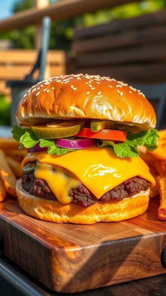 A delicious cheeseburger with beef patty, cheese, lettuce, tomato, onion, and pickles on a toasted bun, served with fries.